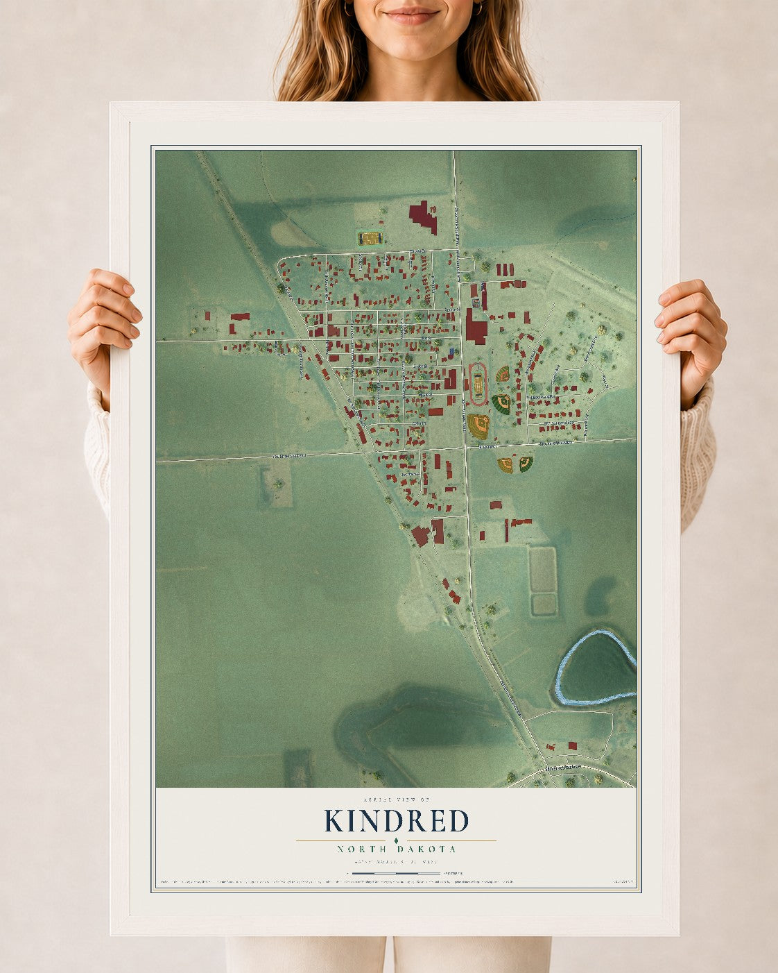 Map of Kindred, North Dakota, 24 x 36 inch print in a white wood frame