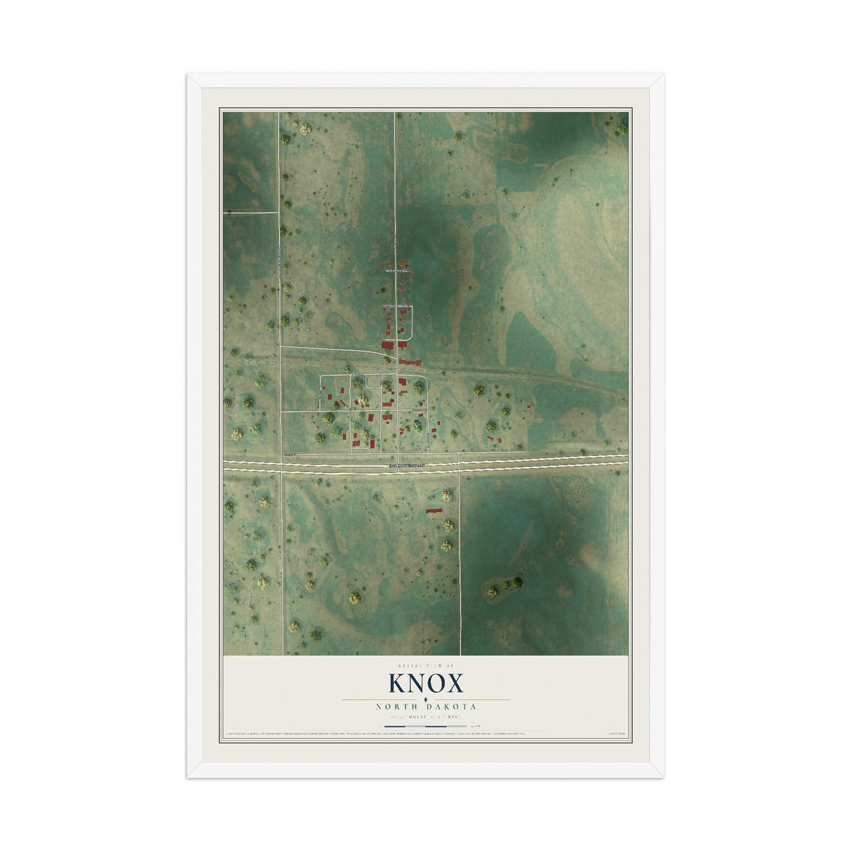 Map of Knox, North Dakota, 12 x 18 inch print in a white wood frame