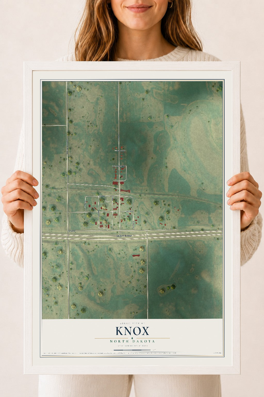 Map of Knox, North Dakota, 18 x 24 inch print in a white wood frame