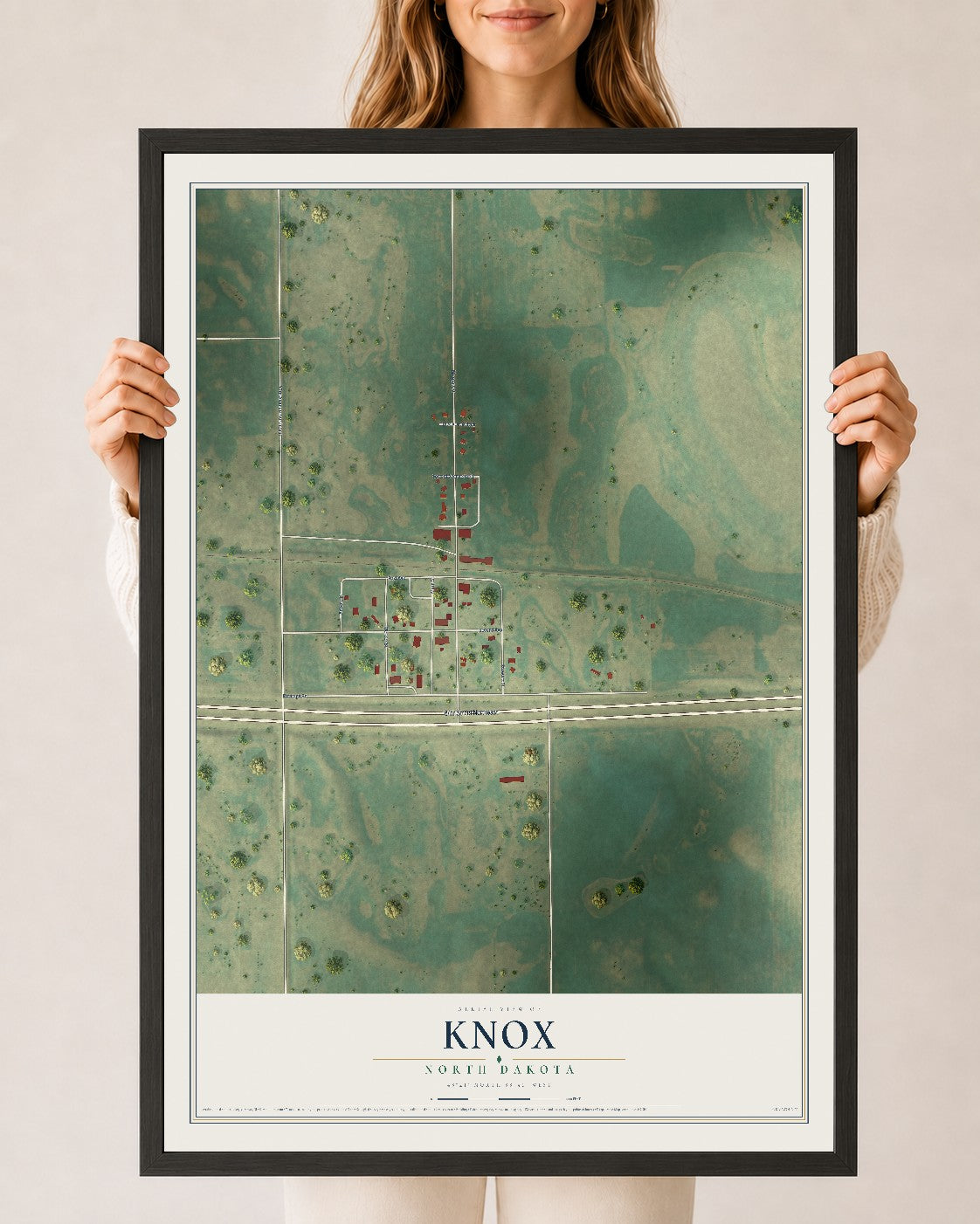 Map of Knox, North Dakota, 24 x 36 inch print in a black wood frame