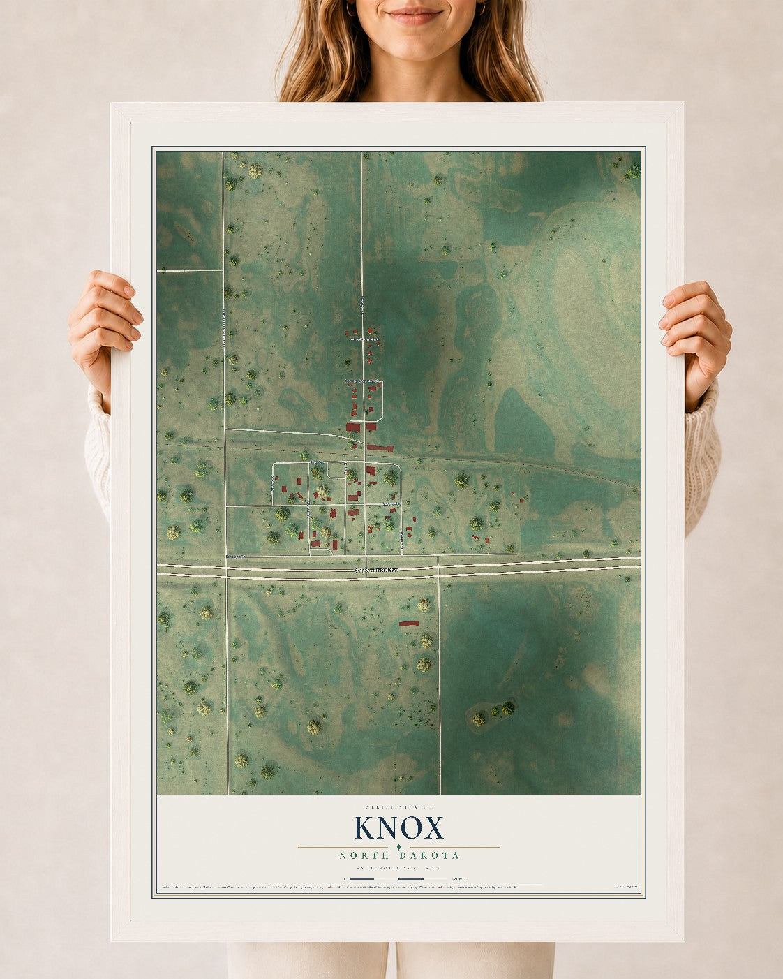 Map of Knox, North Dakota, 24 x 36 inch print in a white wood frame