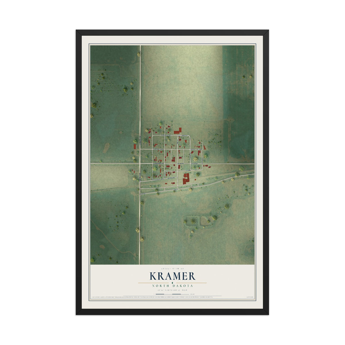 Map of Kramer, North Dakota, 12 x 18 inch print in a black wood frame