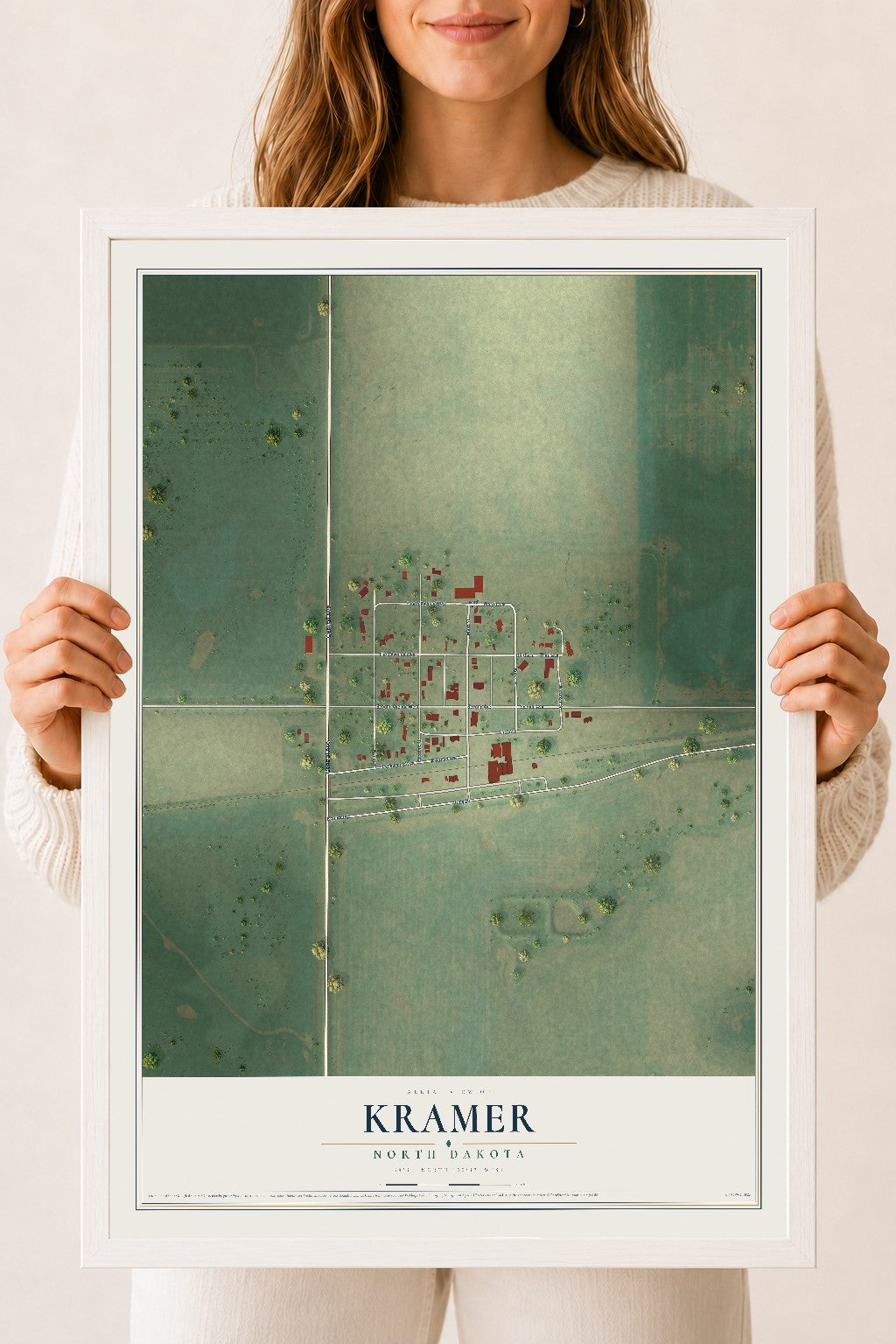 Map of Kramer, North Dakota, 18 x 24 inch print in a white wood frame