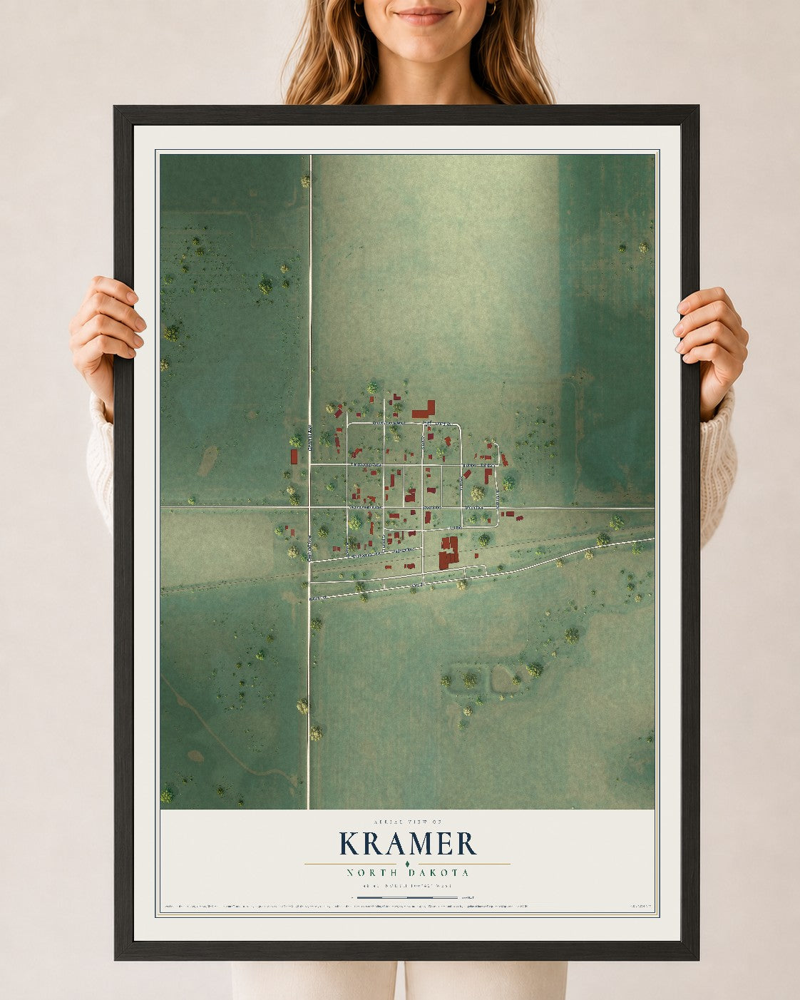 Map of Kramer, North Dakota, 24 x 36 inch print in a black wood frame