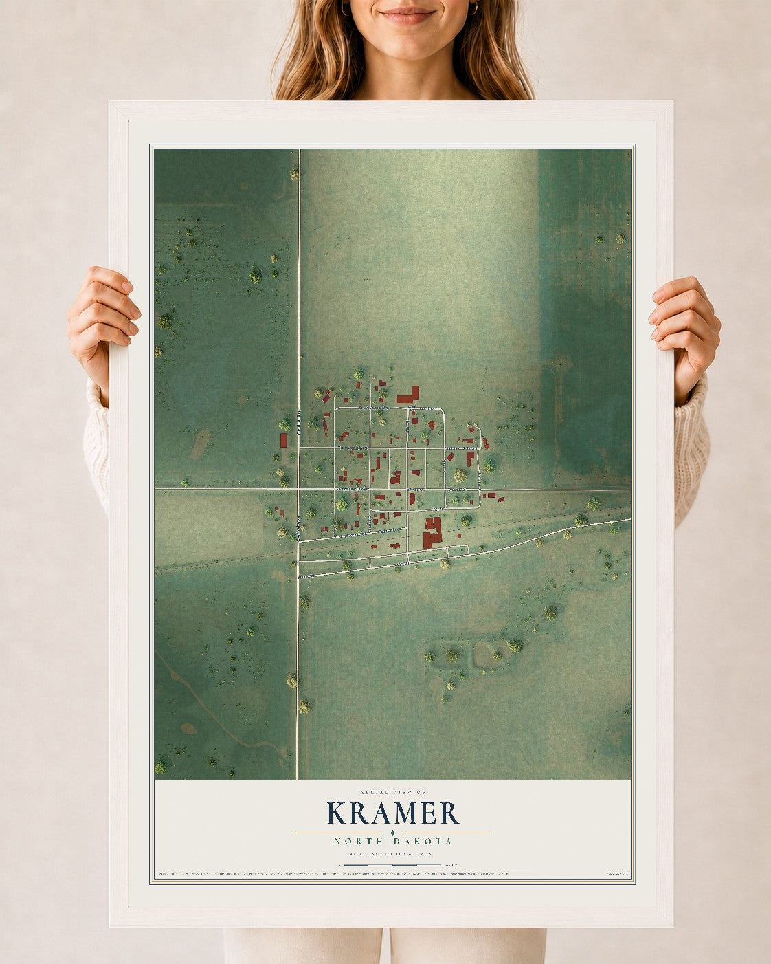 Map of Kramer, North Dakota, 24 x 36 inch print in a white wood frame