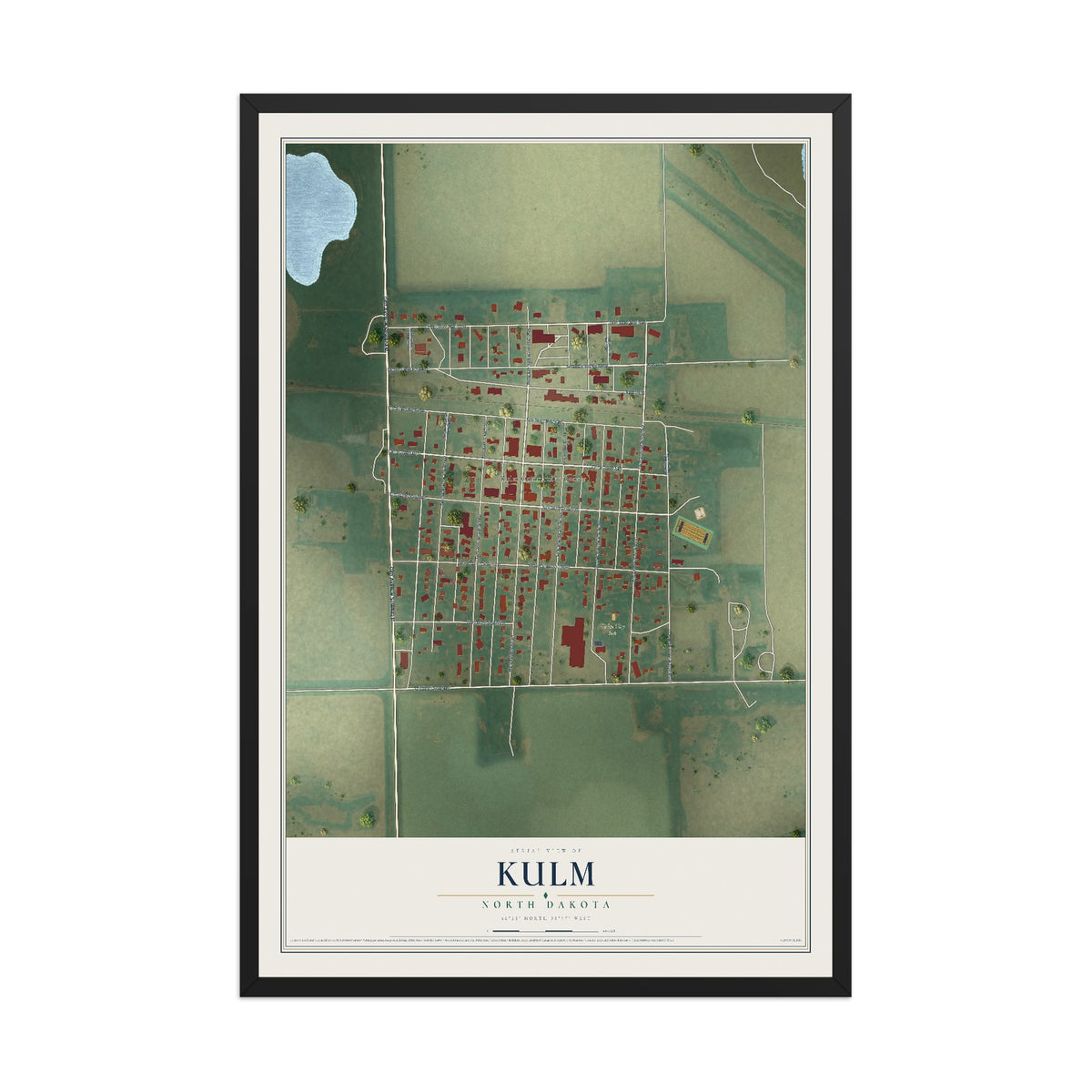 Map of Kulm, North Dakota, 12 x 18 inch print in a black wood frame