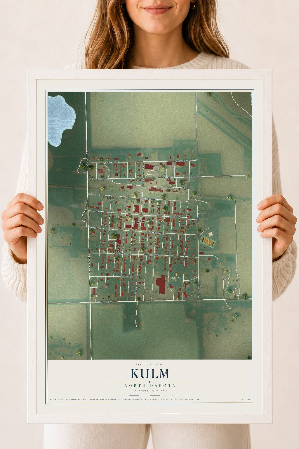 Map of Kulm, North Dakota, 18 x 24 inch print in a white wood frame