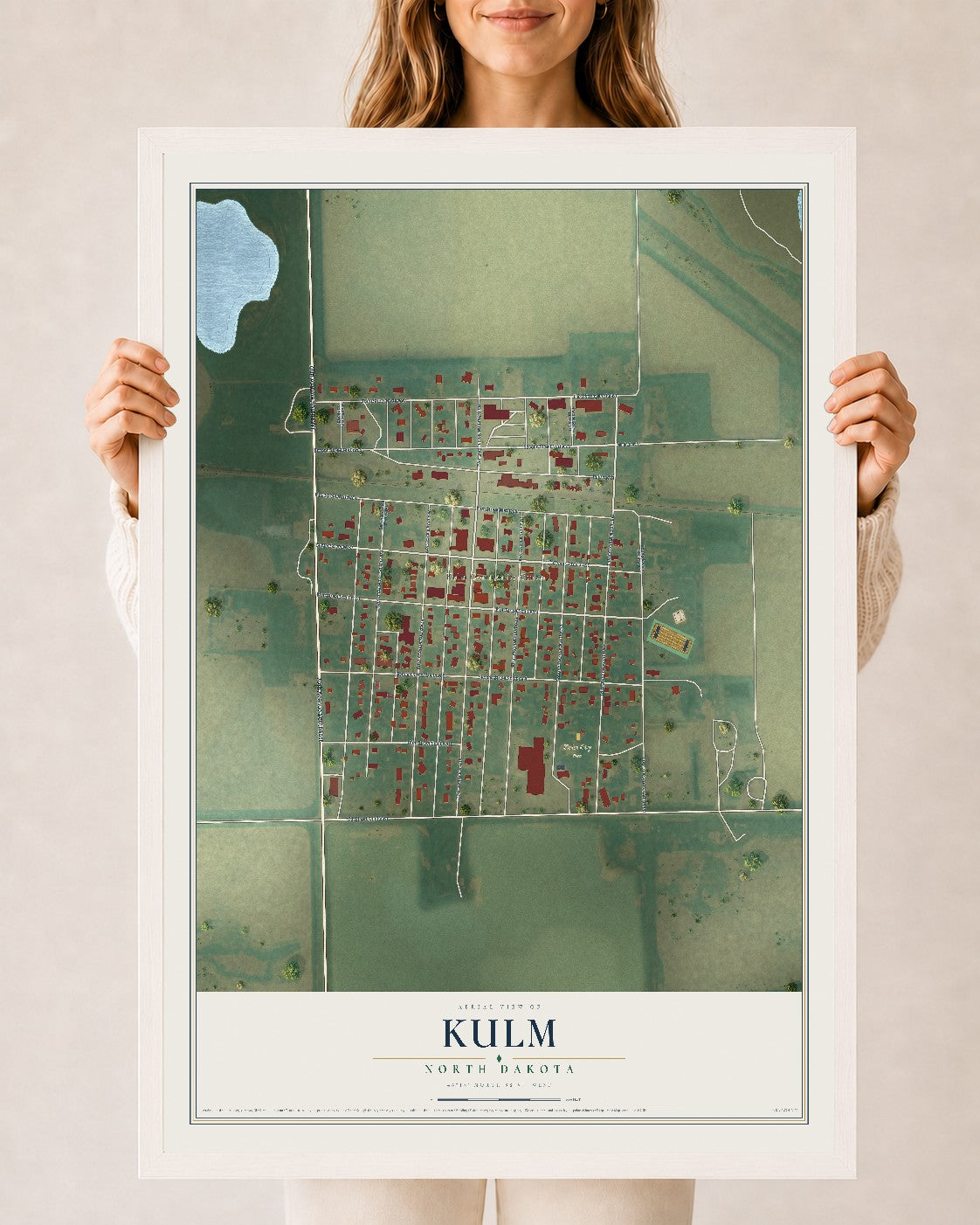 Map of Kulm, North Dakota, 24 x 36 inch print in a white wood frame