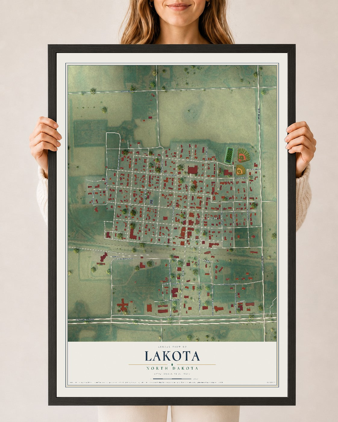 Map of Lakota, North Dakota, 24 x 36 inch print in a black wood frame
