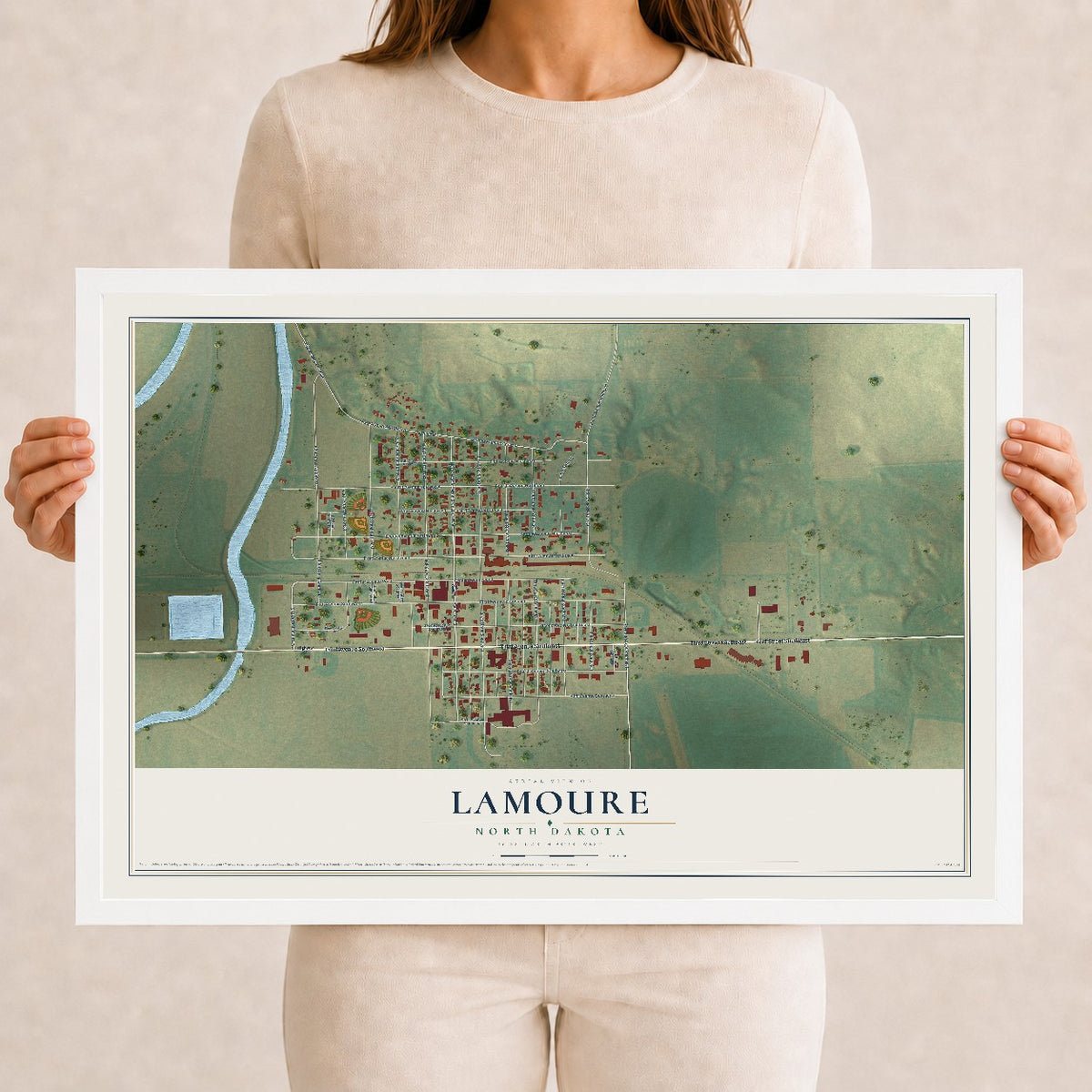 Map of LaMoure, North Dakota, 12 x 18 inch print in a white wood frame