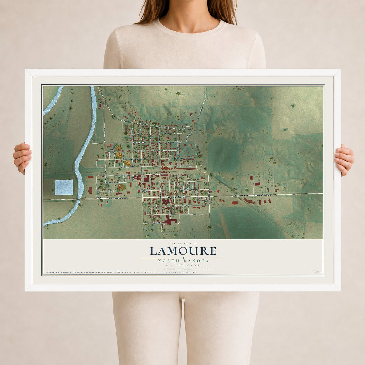 Map of LaMoure, North Dakota, 24 x 36 inch print in a white wood frame
