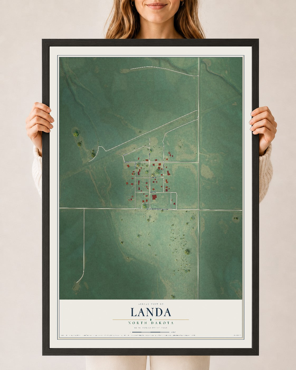 Map of Landa, North Dakota, 24 x 36 inch print in a black wood frame