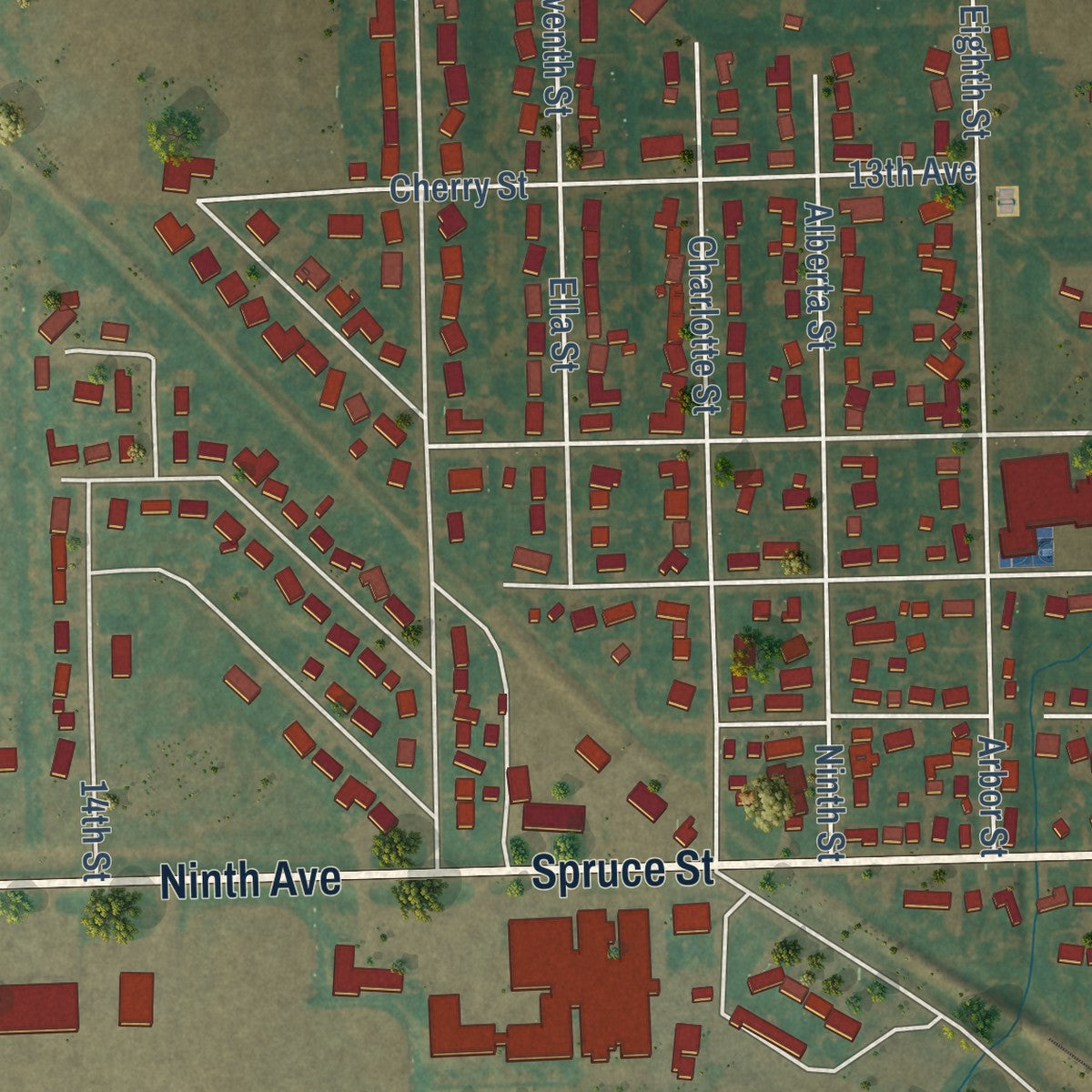 Second close-up of the map of Langdon, North Dakota print showing more streets and buildings