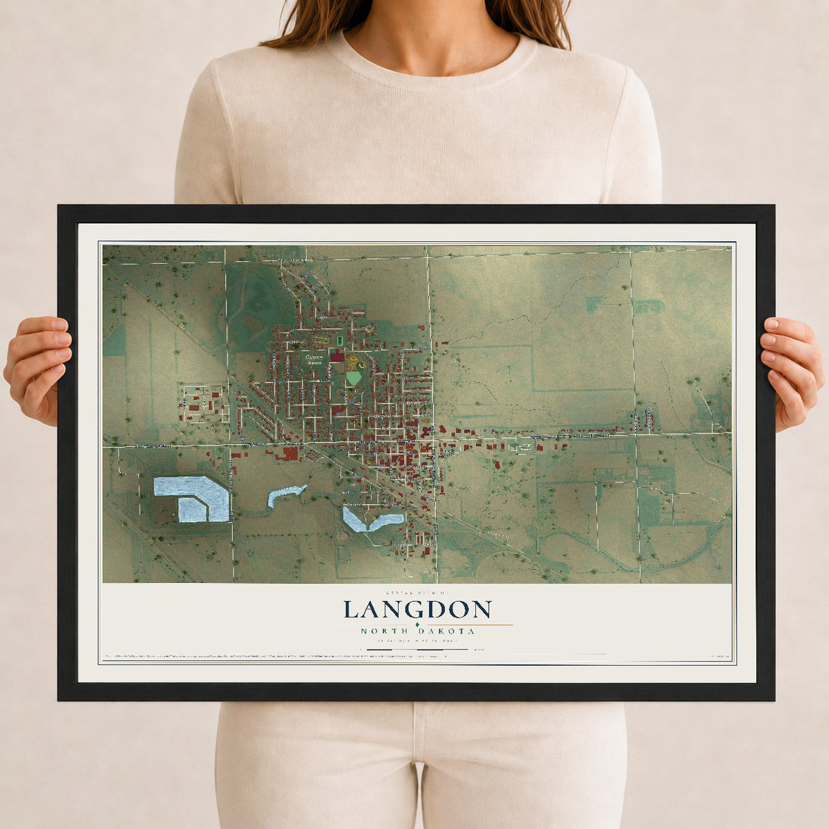 Map of Langdon, North Dakota, 12 x 18 inch print in a black wood frame