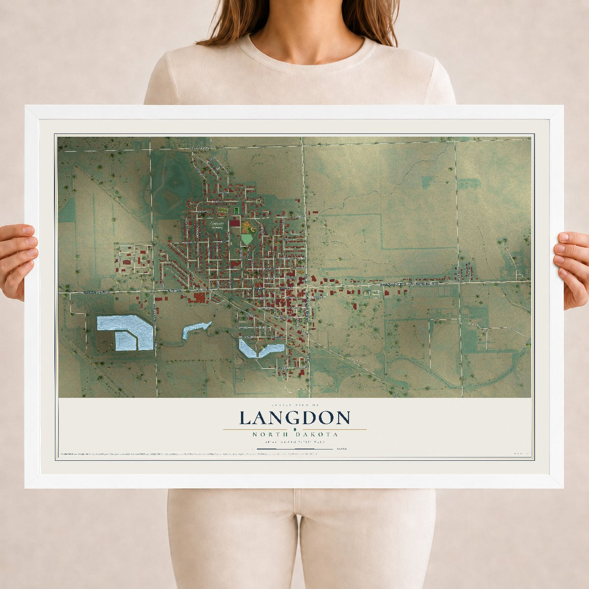 Map of Langdon, North Dakota, 18 x 24 inch print in a white wood frame