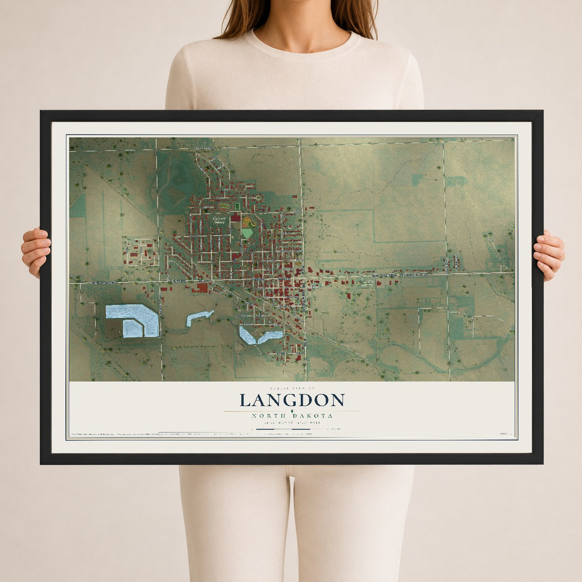 Map of Langdon, North Dakota, 24 x 36 inch print in a black wood frame