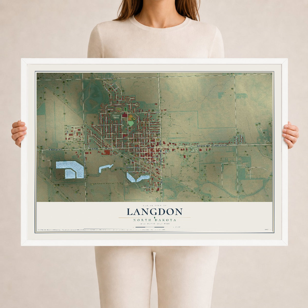 Map of Langdon, North Dakota, 24 x 36 inch print in a white wood frame