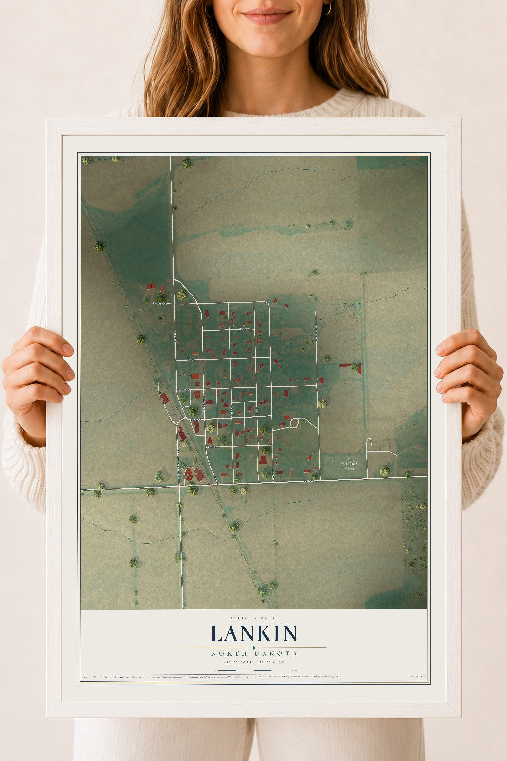 Map of Lankin, North Dakota, 18 x 24 inch print in a white wood frame