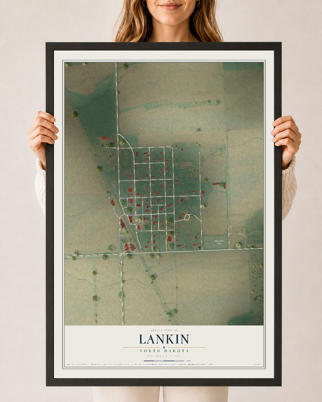 Map of Lankin, North Dakota, 24 x 36 inch print in a black wood frame