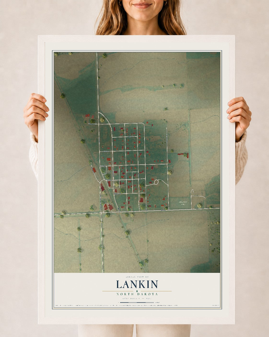 Map of Lankin, North Dakota, 24 x 36 inch print in a white wood frame