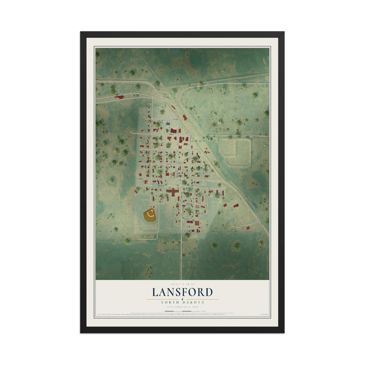 Map of Lansford, North Dakota, 12 x 18 inch print in a black wood frame