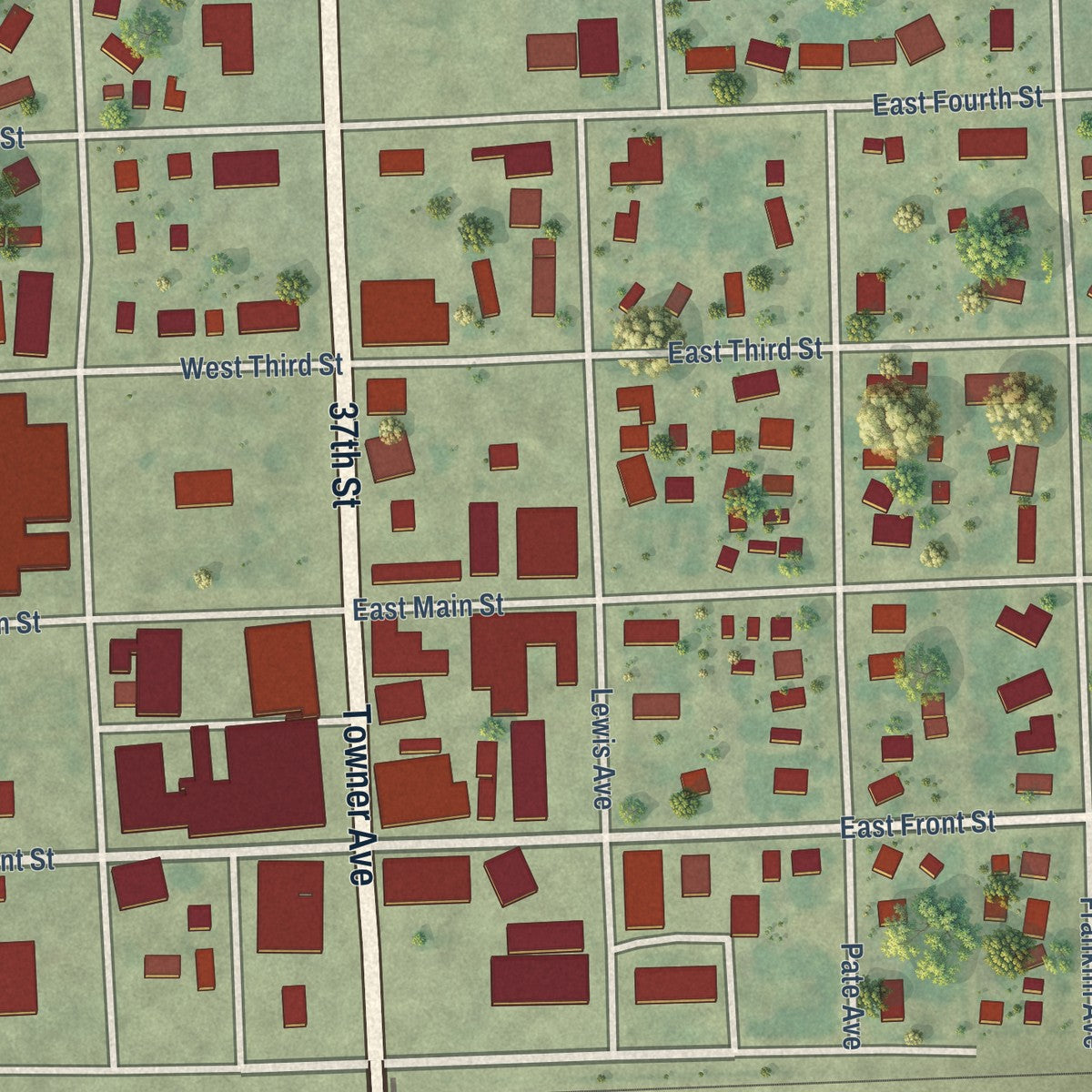 Close-up of the map of Larimore, North Dakota print showing street and building detail