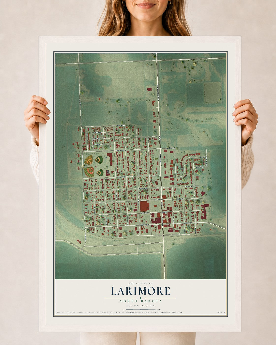 Map of Larimore, North Dakota, 24 x 36 inch print in a white wood frame
