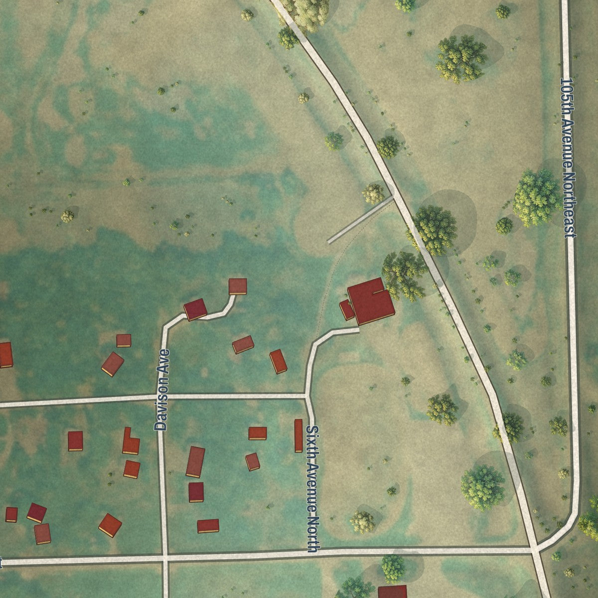 Close-up of the map of Lawton, North Dakota print showing street and building detail