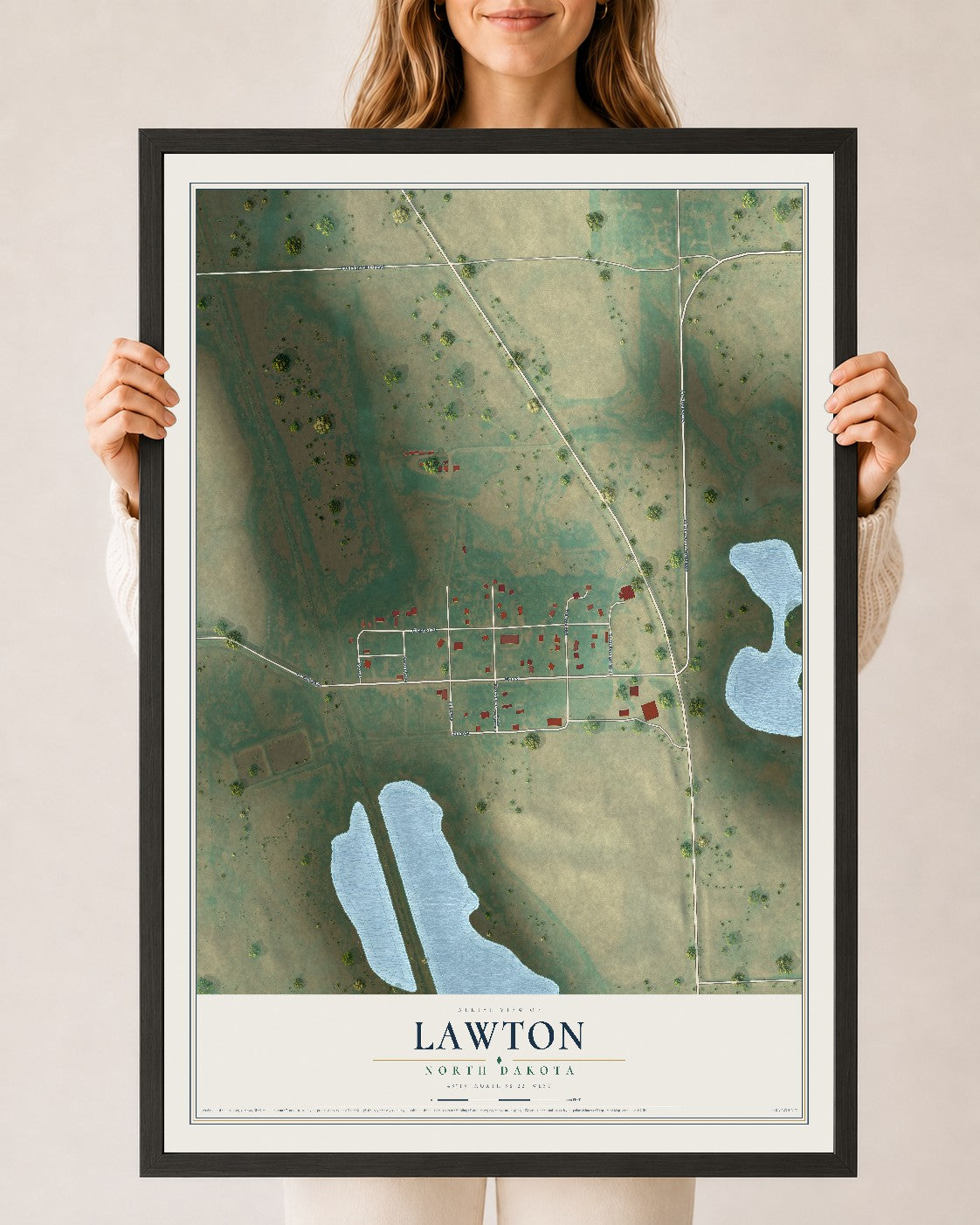 Map of Lawton, North Dakota, 24 x 36 inch print in a black wood frame
