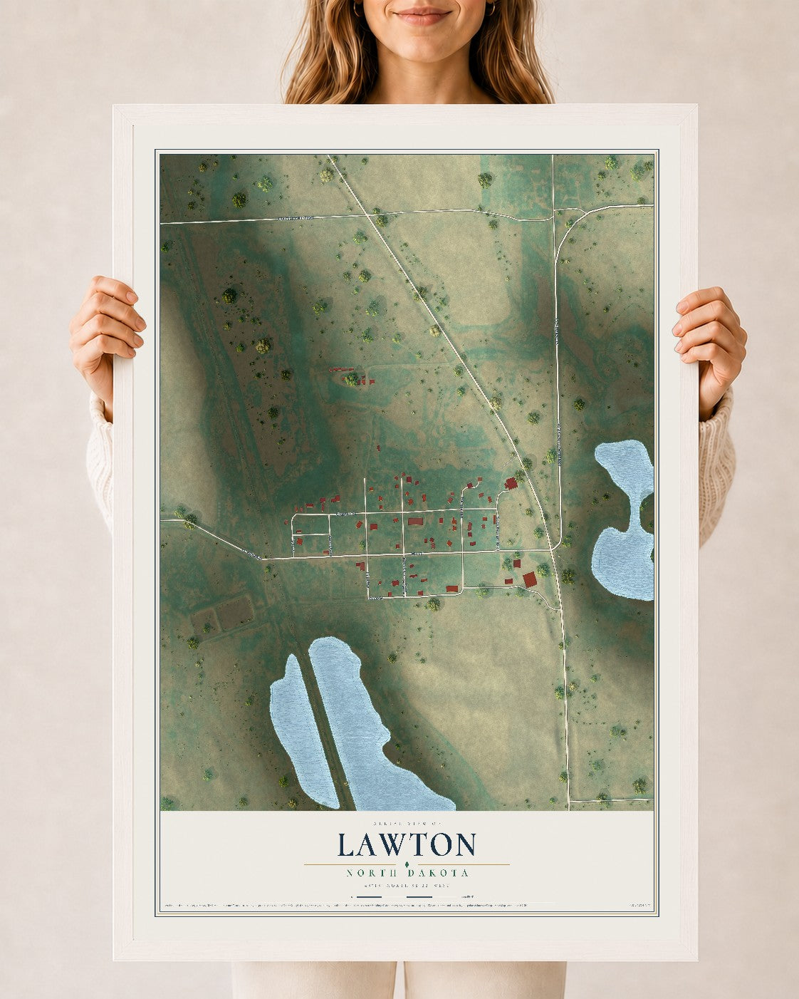 Map of Lawton, North Dakota, 24 x 36 inch print in a white wood frame