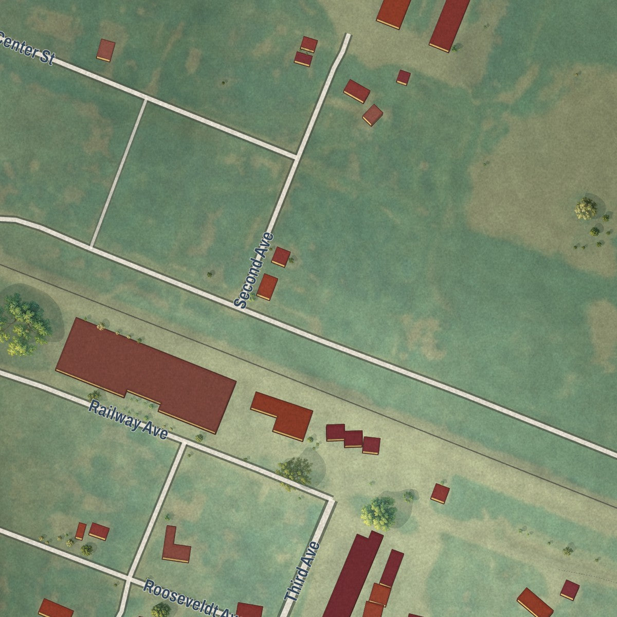Close-up of the map of Leal, North Dakota print showing street and building detail