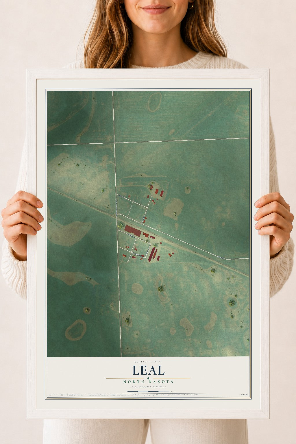 Map of Leal, North Dakota, 18 x 24 inch print in a white wood frame