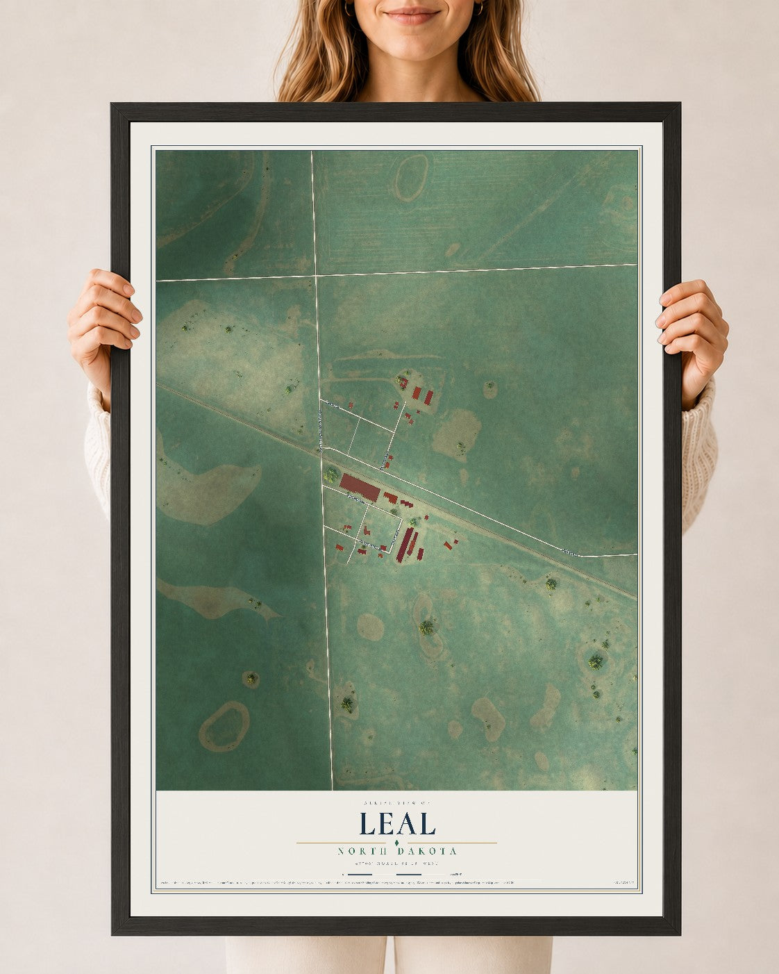 Map of Leal, North Dakota, 24 x 36 inch print in a black wood frame