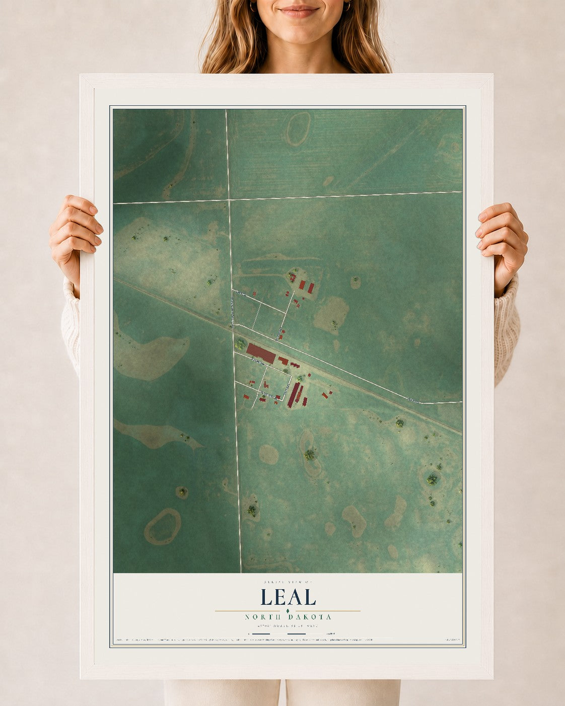Map of Leal, North Dakota, 24 x 36 inch print in a white wood frame