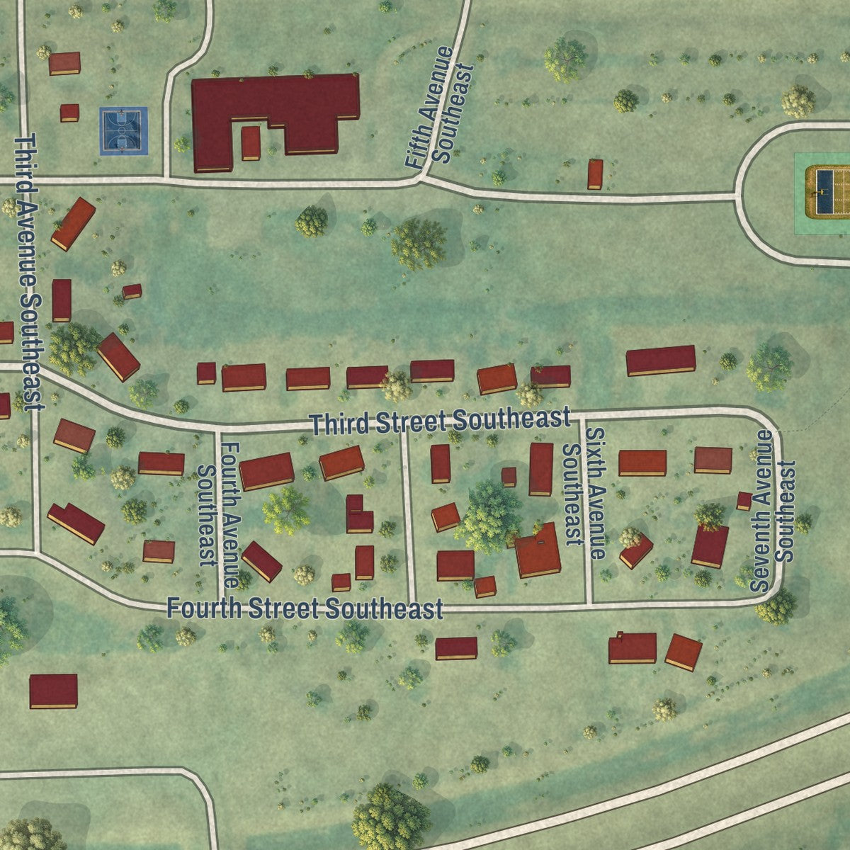 Second close-up of the map of Leeds, North Dakota print showing more streets and buildings