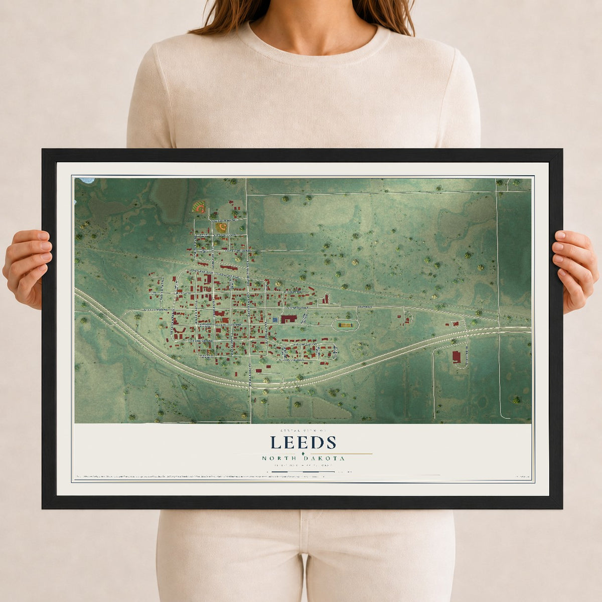 Map of Leeds, North Dakota, 12 x 18 inch print in a black wood frame