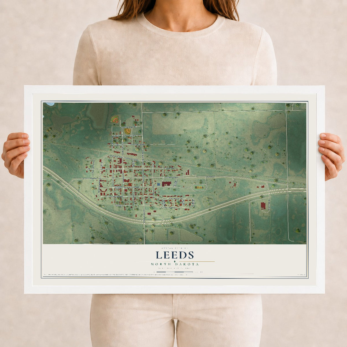 Map of Leeds, North Dakota, 12 x 18 inch print in a white wood frame