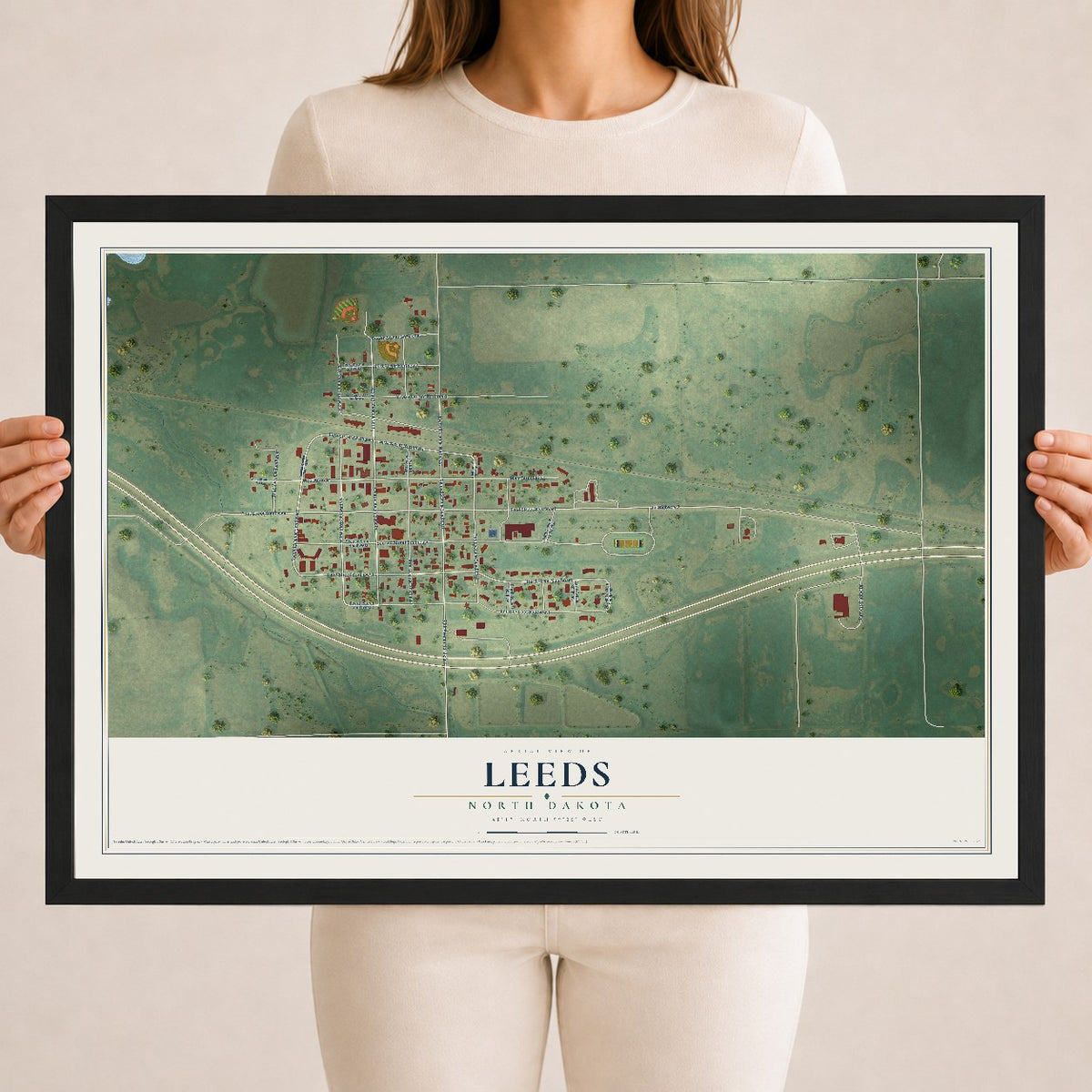Map of Leeds, North Dakota, 18 x 24 inch print in a black wood frame
