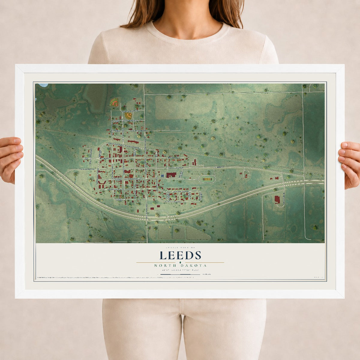 Map of Leeds, North Dakota, 18 x 24 inch print in a white wood frame