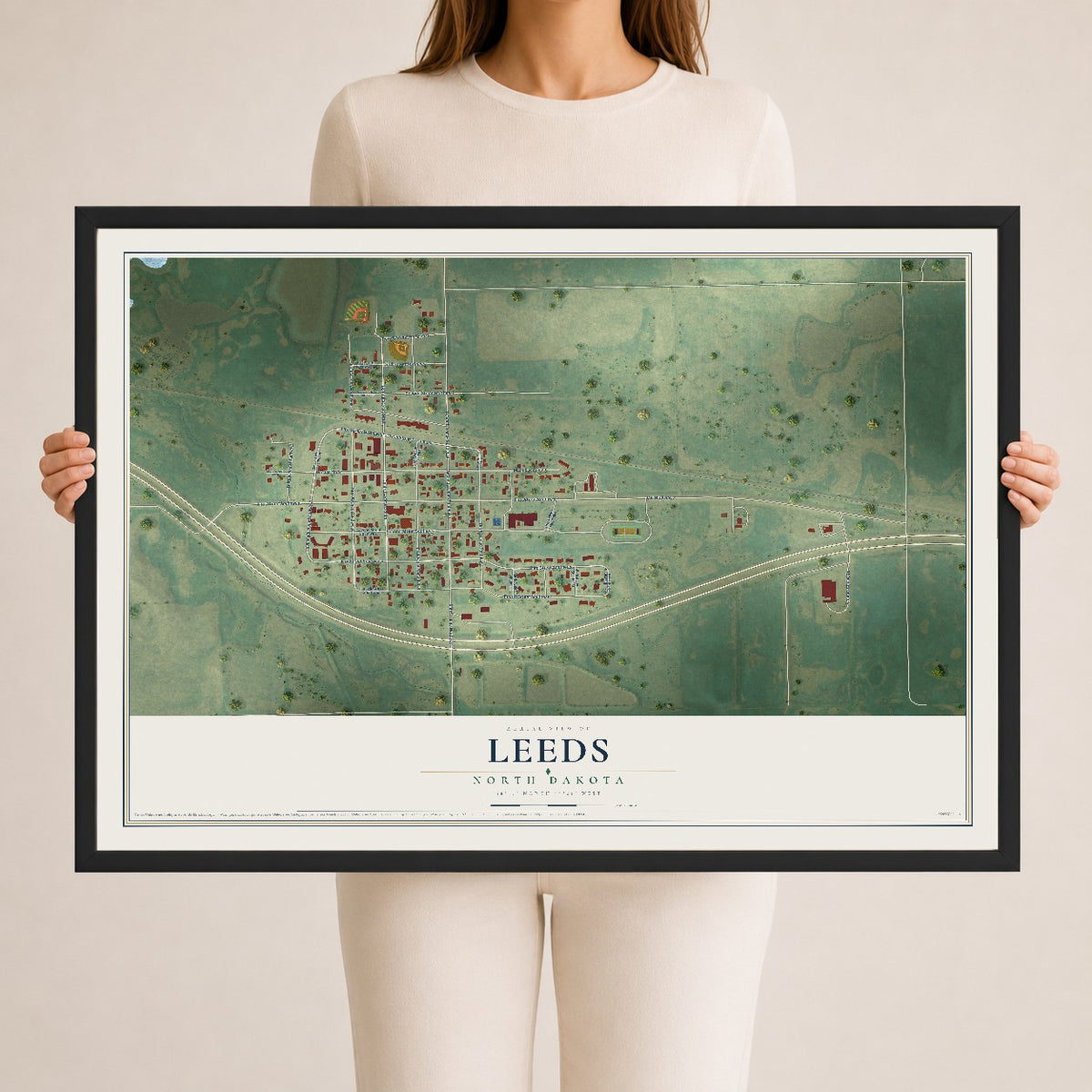 Map of Leeds, North Dakota, 24 x 36 inch print in a black wood frame