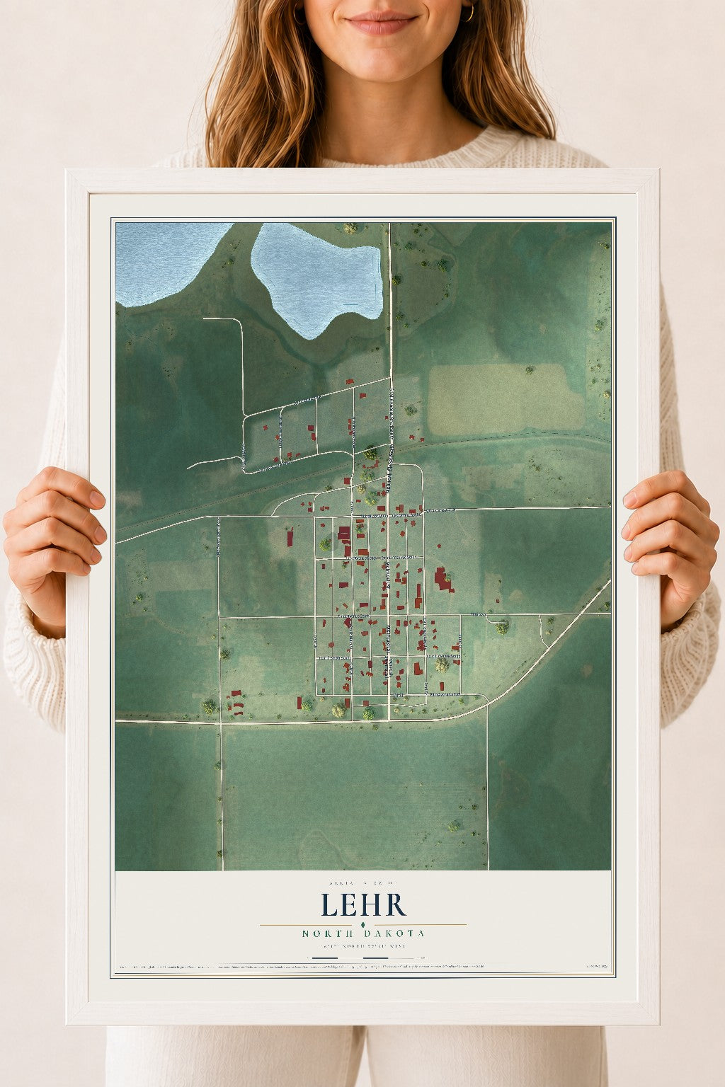 Map of Lehr, North Dakota, 18 x 24 inch print in a white wood frame