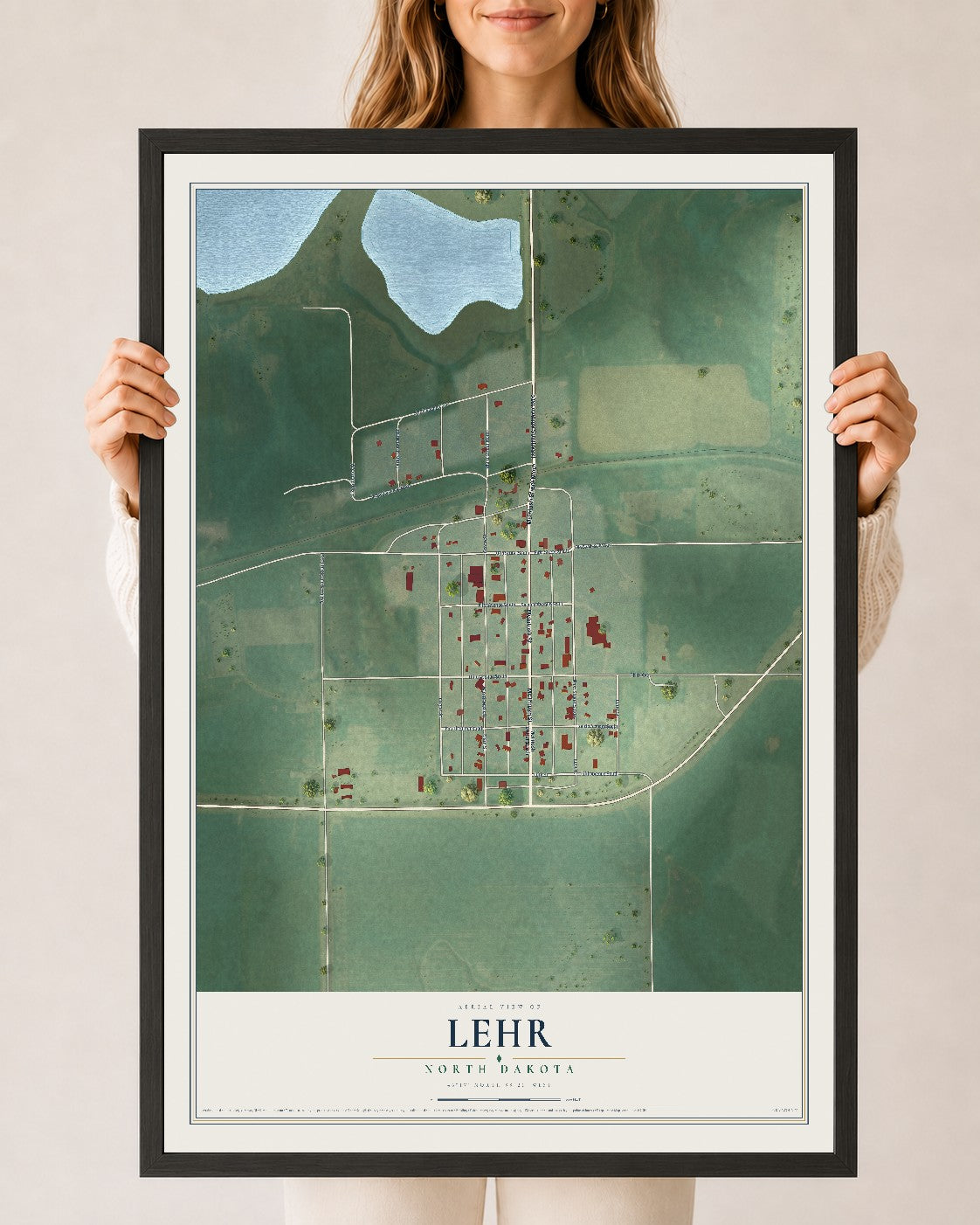 Map of Lehr, North Dakota, 24 x 36 inch print in a black wood frame
