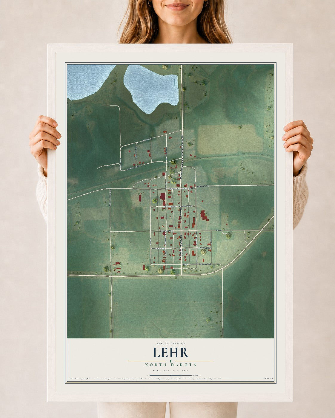 Map of Lehr, North Dakota, 24 x 36 inch print in a white wood frame