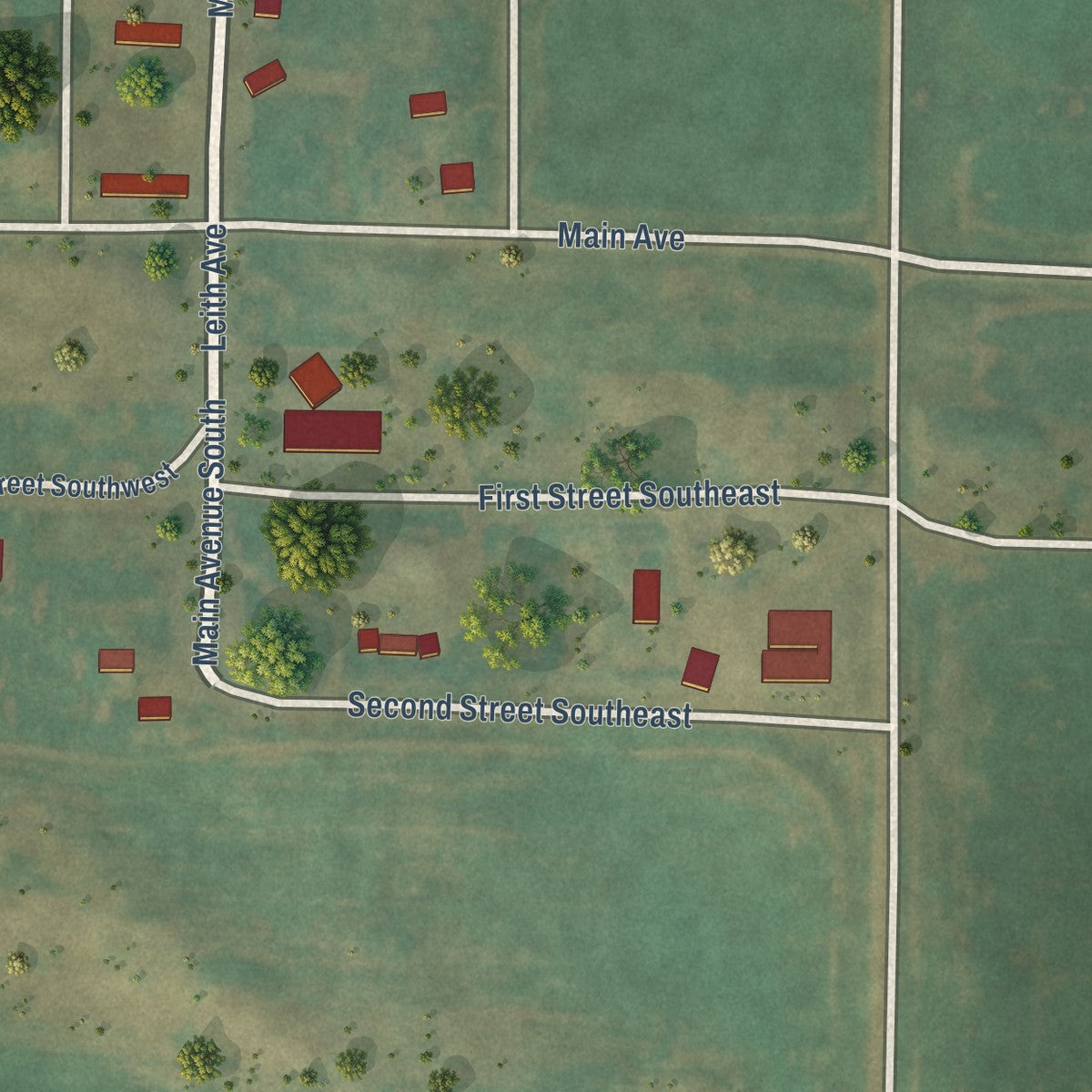 Close-up of the map of Leith, North Dakota print showing street and building detail