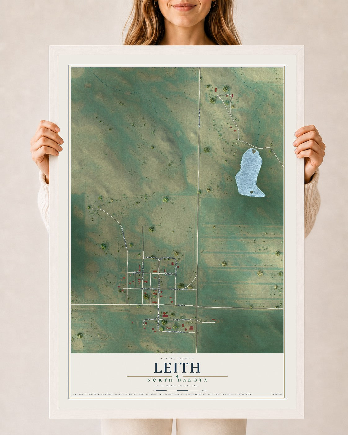 Map of Leith, North Dakota, 24 x 36 inch print in a white wood frame