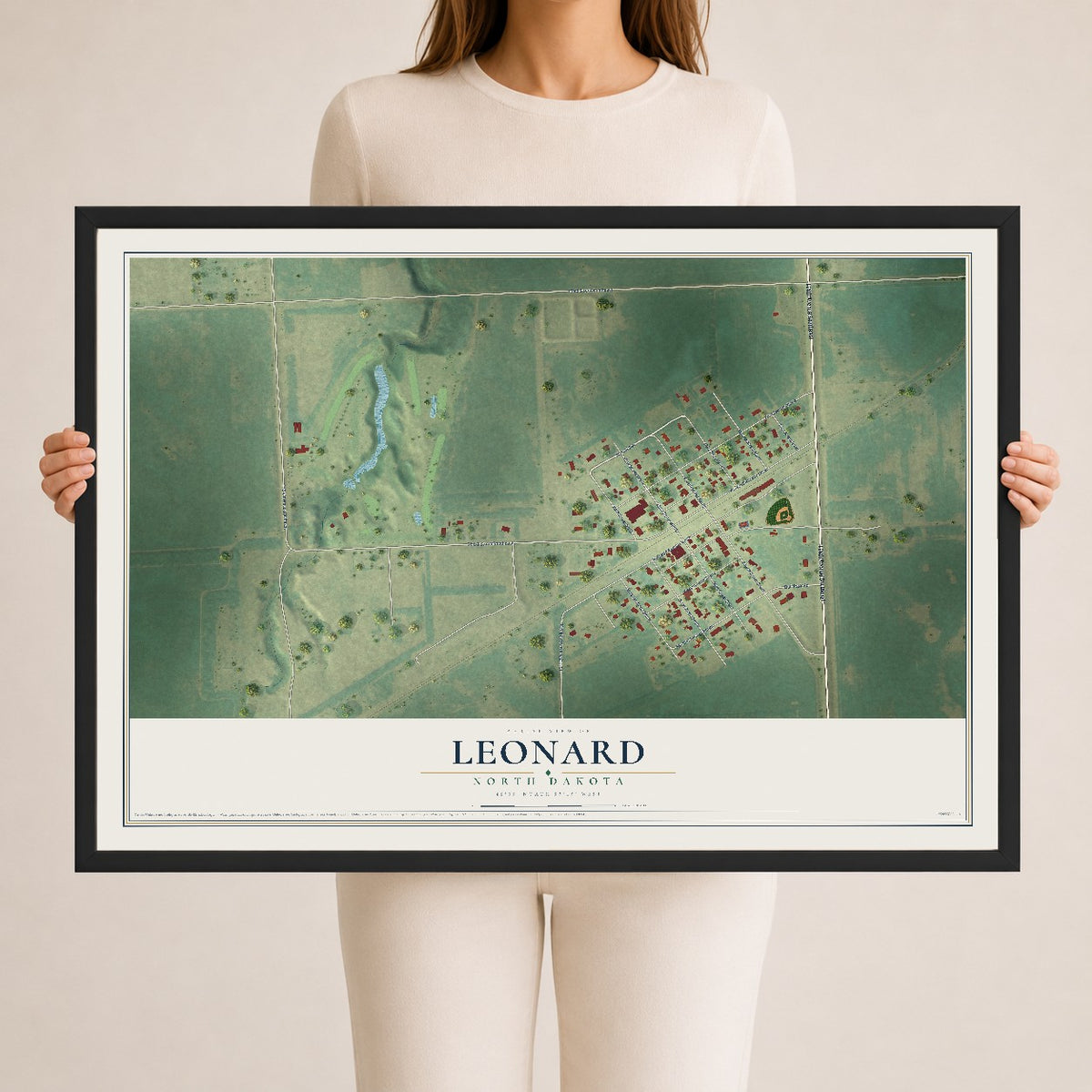 Map of Leonard, North Dakota, 24 x 36 inch print in a black wood frame