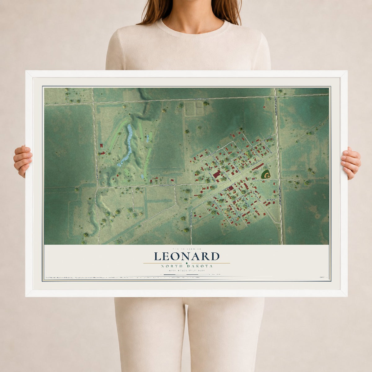 Map of Leonard, North Dakota, 24 x 36 inch print in a white wood frame