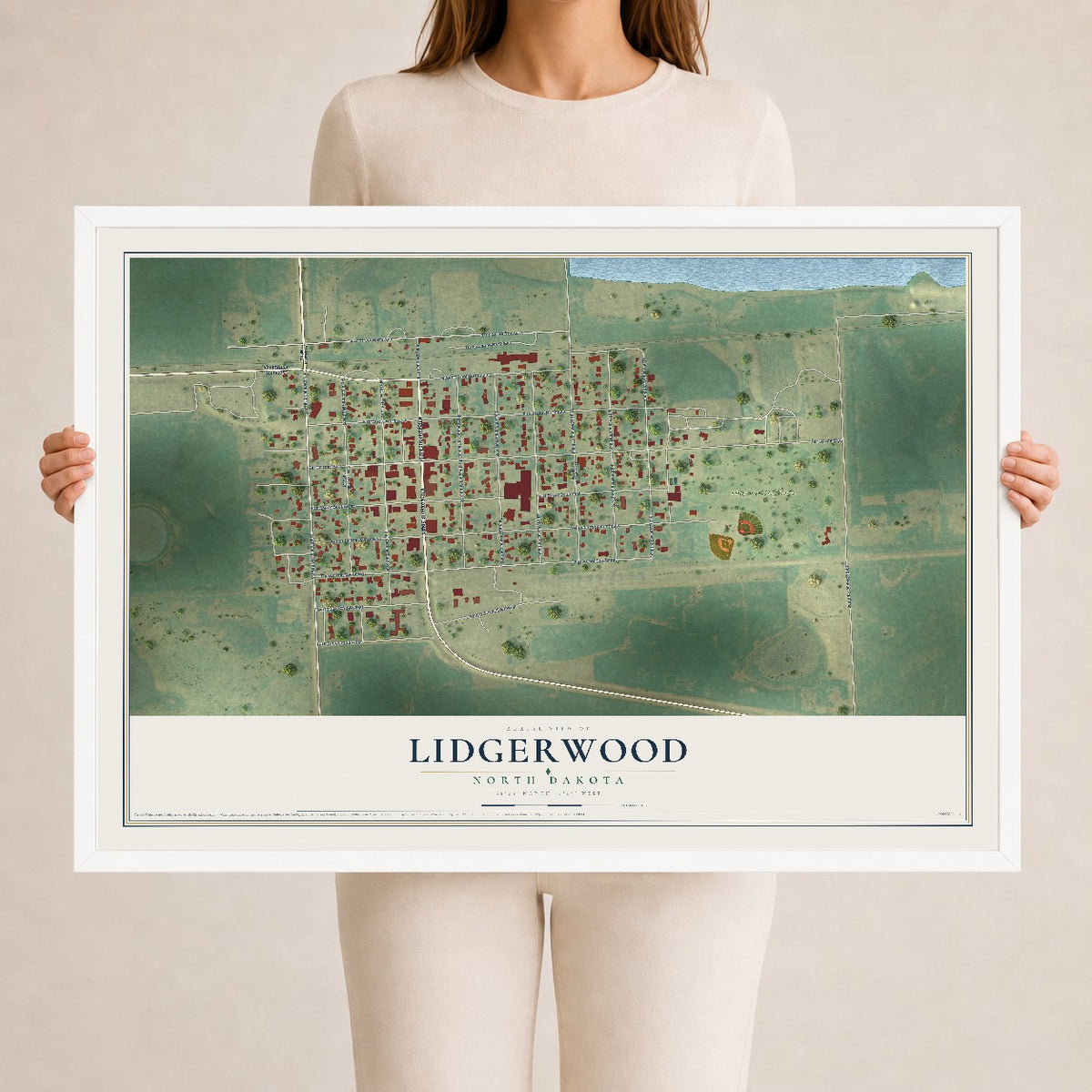 Map of Lidgerwood, North Dakota, 24 x 36 inch print in a white wood frame