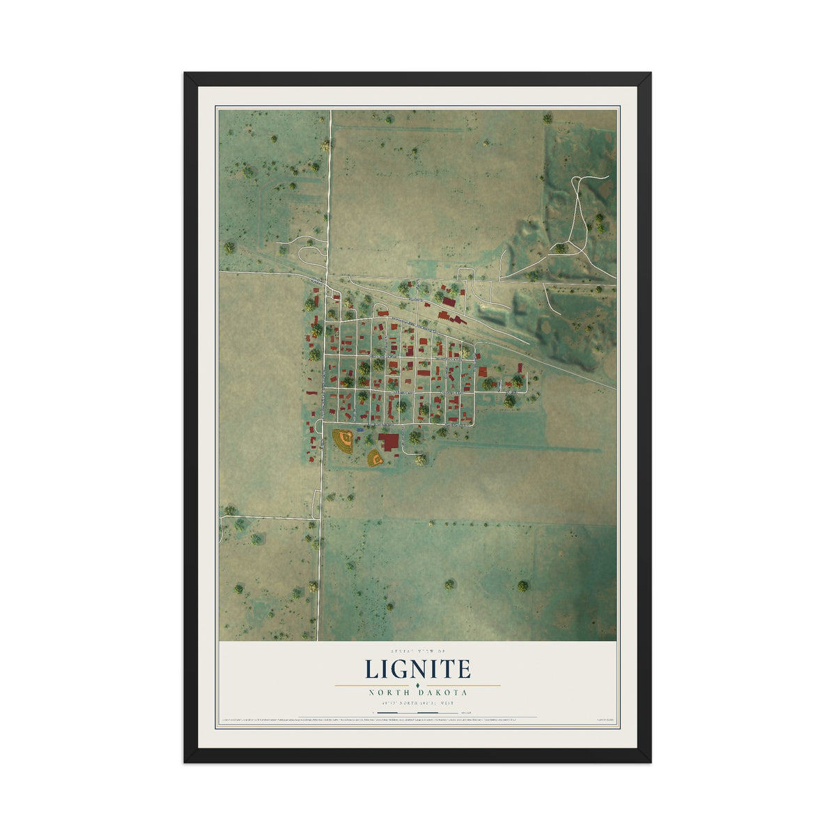 Map of Lignite, North Dakota, 12 x 18 inch print in a black wood frame