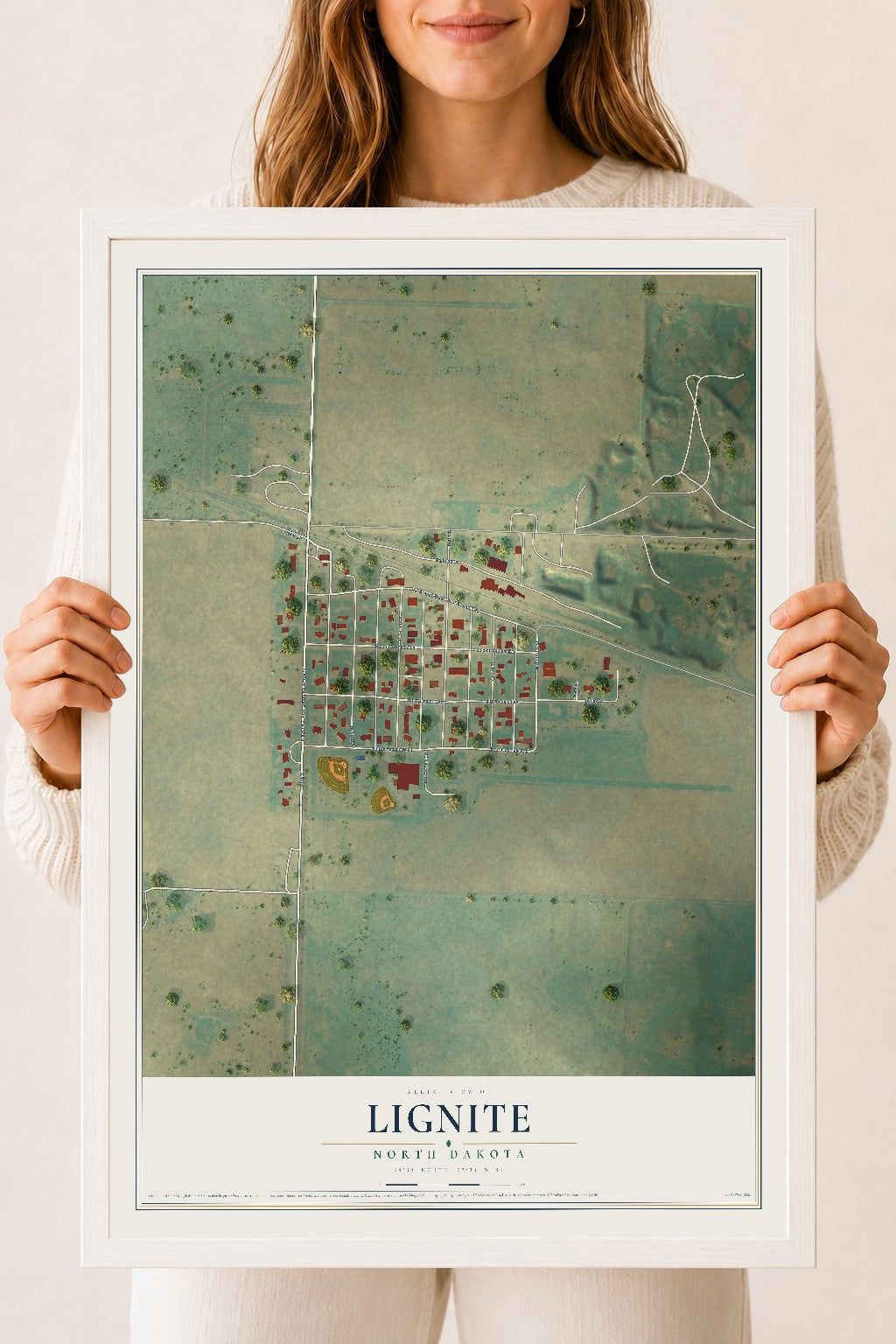 Map of Lignite, North Dakota, 18 x 24 inch print in a white wood frame